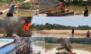 Bakar 31 Rakit Dompeng di Sungai Kuantan, Polsek Cerenti Lubang Jalur Penambang Emas Ilegal